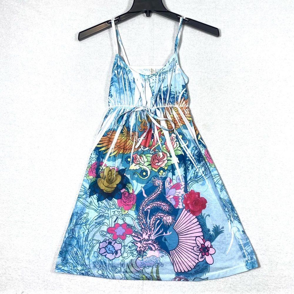 Ocean Shore Mini SunDress BabyDoll  Tunic Women's S Floral Tattoo Print Pullover